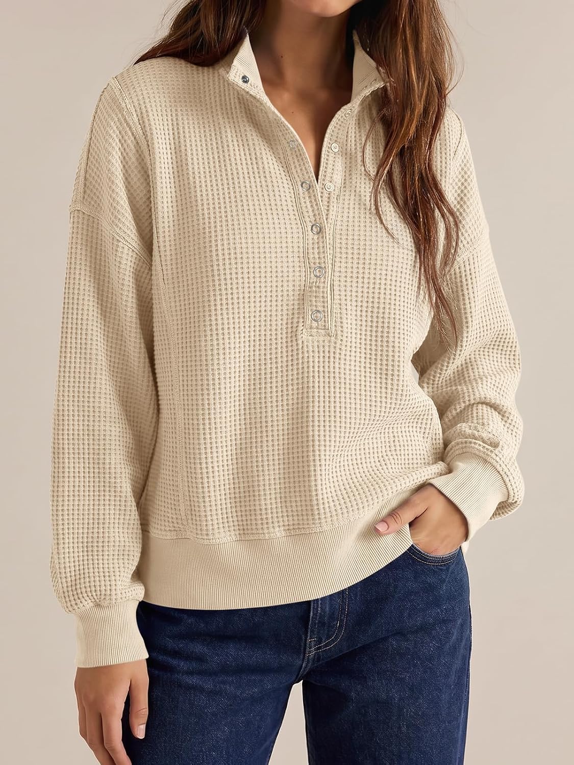 Womens Sweatshirt Waffle Knit Oversized Button Henley Pullover Tops