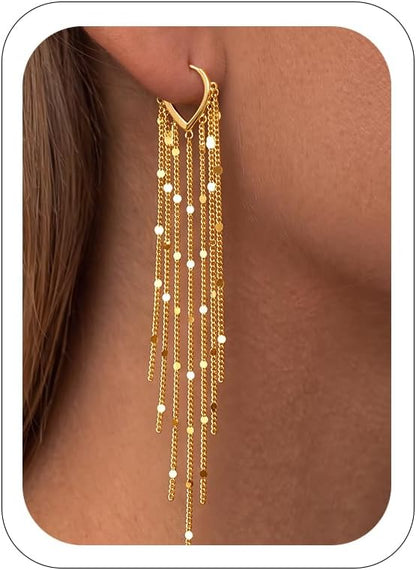 Long Gold Tassel Dangle Earrings for Women. 14K Gold Plated Hypoallergenic Fringe Chain Drop