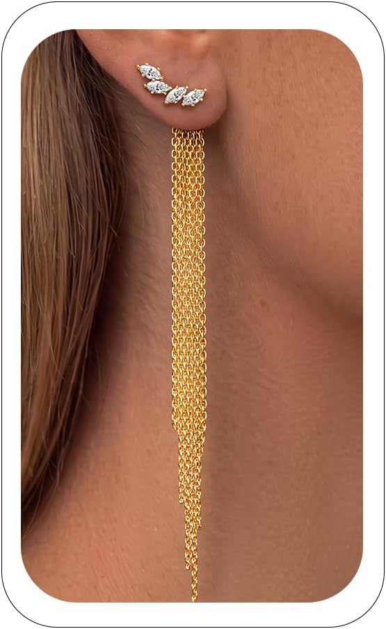 Long Gold Tassel Dangle Earrings for Women. 14K Gold Plated Hypoallergenic Fringe Chain Drop