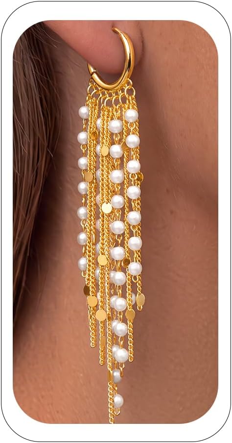 Long Gold Tassel Dangle Earrings for Women. 14K Gold Plated Hypoallergenic Fringe Chain Drop
