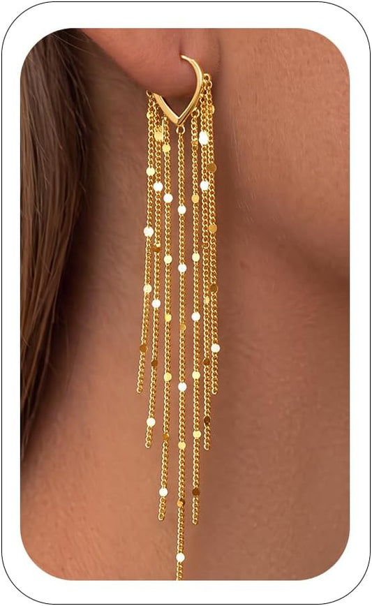 Long Gold Tassel Dangle Earrings for Women. 14K Gold Plated Hypoallergenic Fringe Chain Drop
