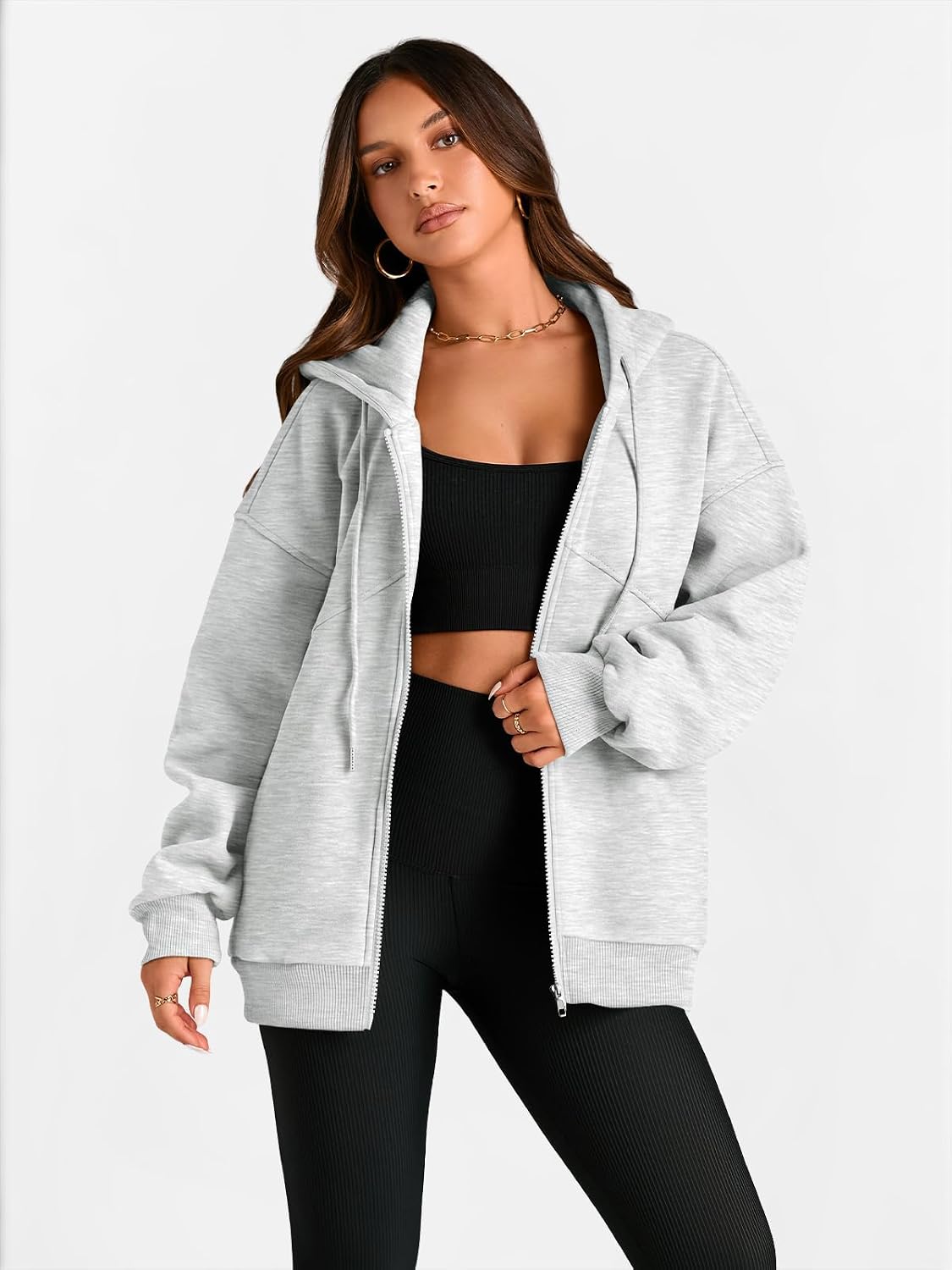 Women's Full Zip Up Hoodies Fleece Oversized Sweatshirts Grey
