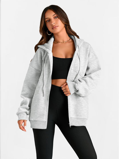 Women's Full Zip Up Hoodies Fleece Oversized Sweatshirts Grey