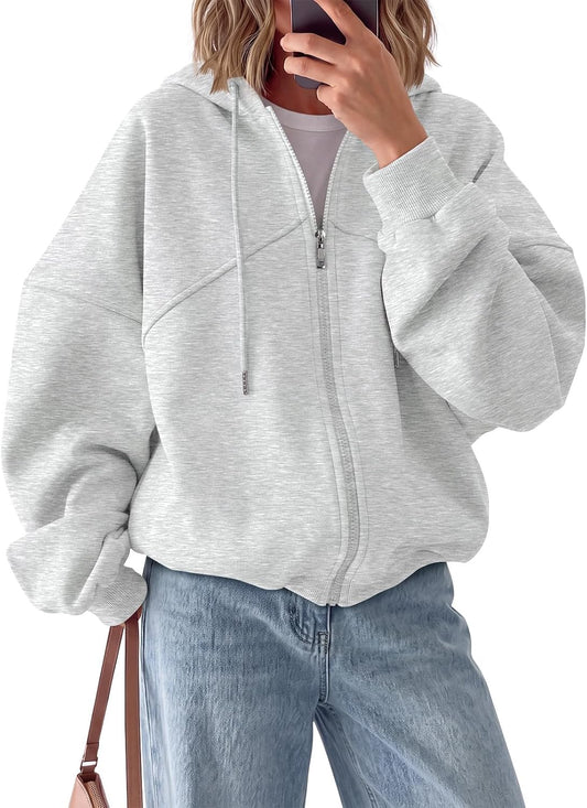 Women's Full Zip Up Hoodies Fleece Oversized Sweatshirts Grey