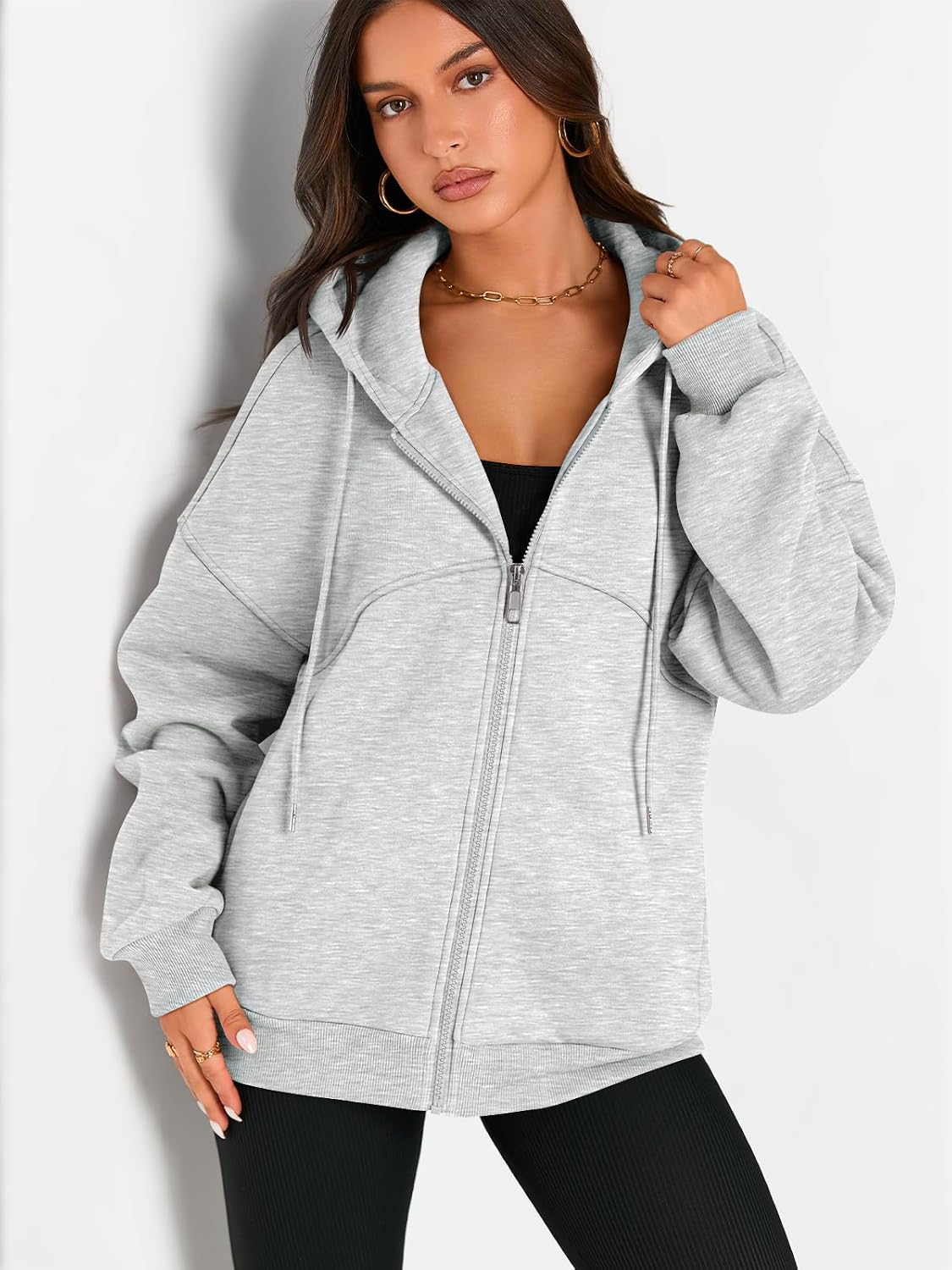 Women's Full Zip Up Hoodies Fleece Oversized Sweatshirts Grey