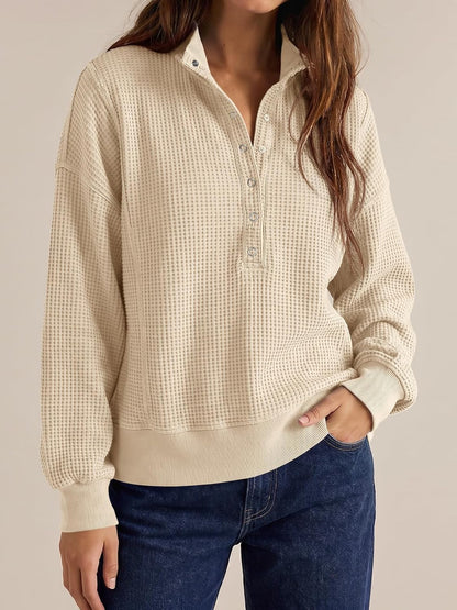 Womens Sweatshirt Waffle Knit Oversized Button Henley Pullover Tops