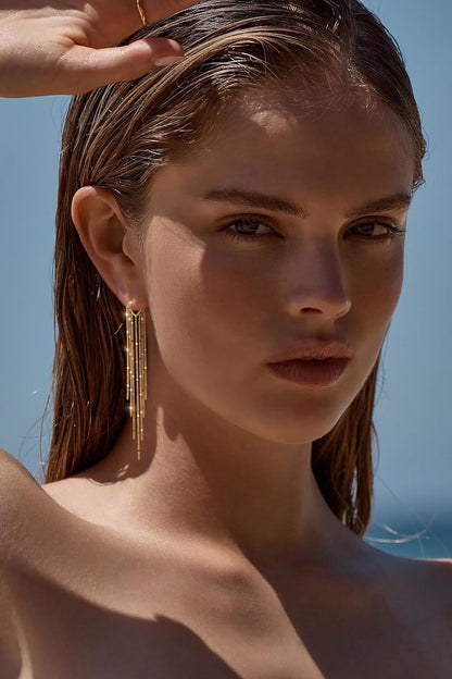 Long Gold Tassel Dangle Earrings for Women. 14K Gold Plated Hypoallergenic Fringe Chain Drop
