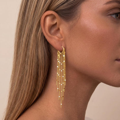 Long Gold Tassel Dangle Earrings for Women. 14K Gold Plated Hypoallergenic Fringe Chain Drop