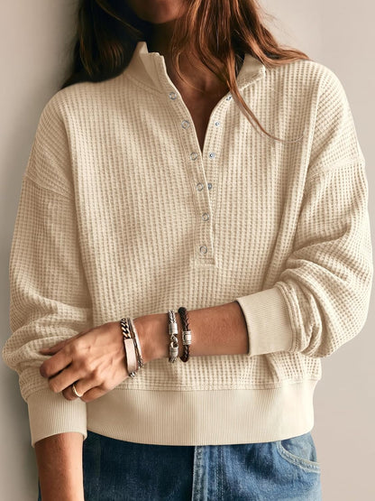 Womens Sweatshirt Waffle Knit Oversized Button Henley Pullover Tops