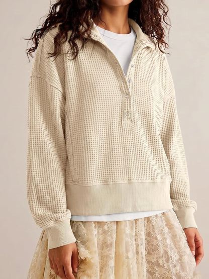 Womens Sweatshirt Waffle Knit Oversized Button Henley Pullover Tops