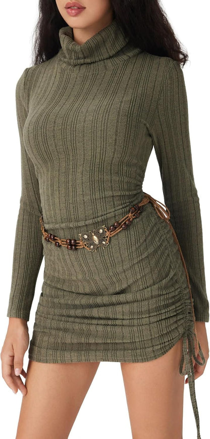 Womens Turtleneck Sweater Dress Bodycon Long Sleeve Mini