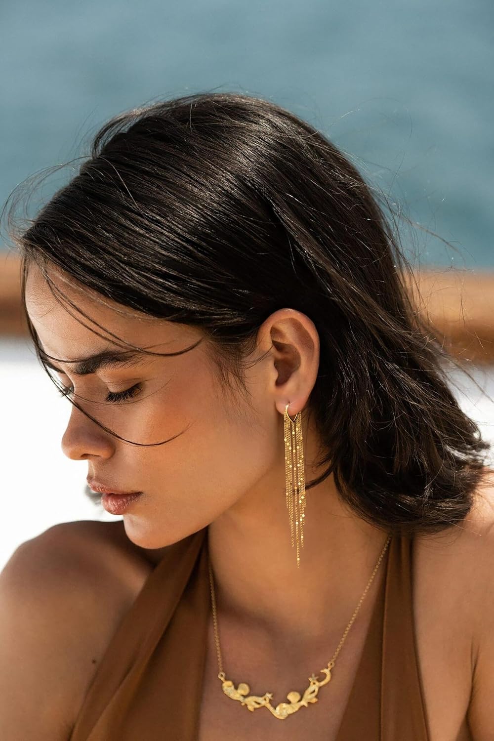 Long Gold Tassel Dangle Earrings for Women. 14K Gold Plated Hypoallergenic Fringe Chain Drop
